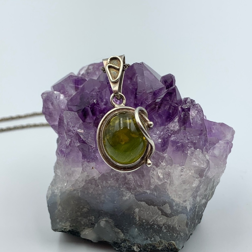 Vintage Silver Genuine Green Baltic Amber Necklace